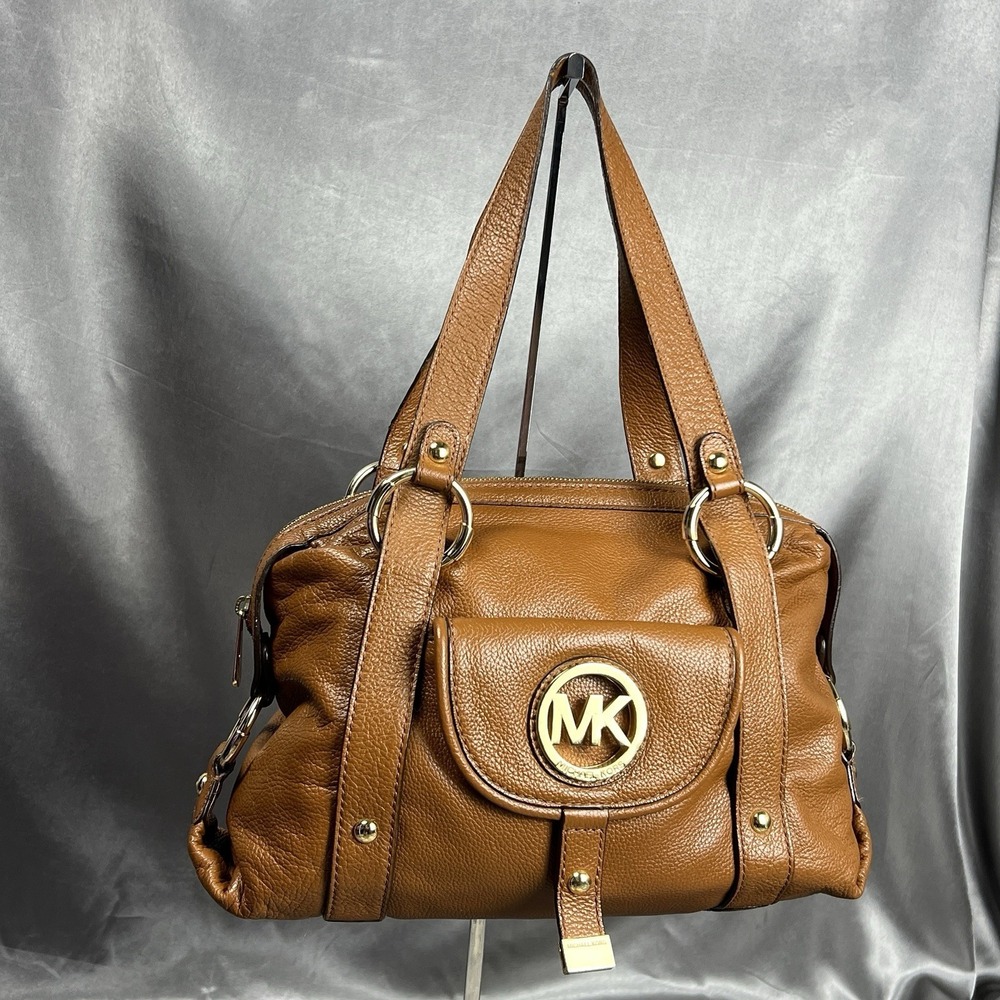 Michael Kors Fulton Brown Gold Pebbled Leather Double Handles Zipper Satchel Bag